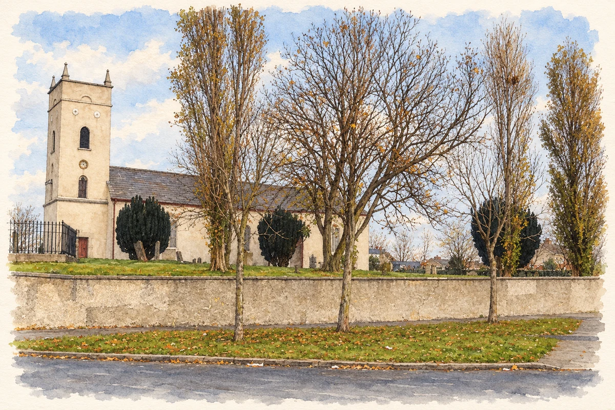 Watercolour and fine ink illustration of St John the Evangelist Church, Coolock, Dublin.