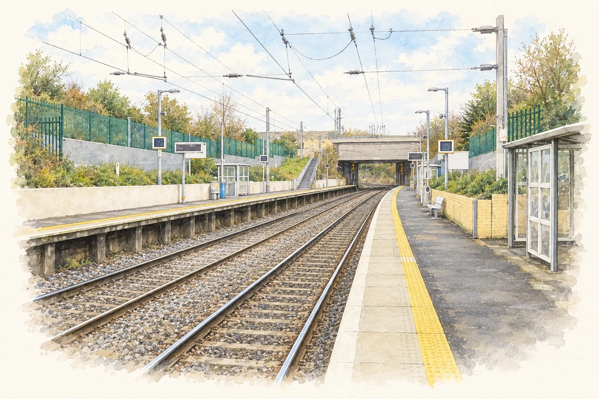 Watercolour and fine ink illustration of Harmonstown railway station, as photographed in 2012.