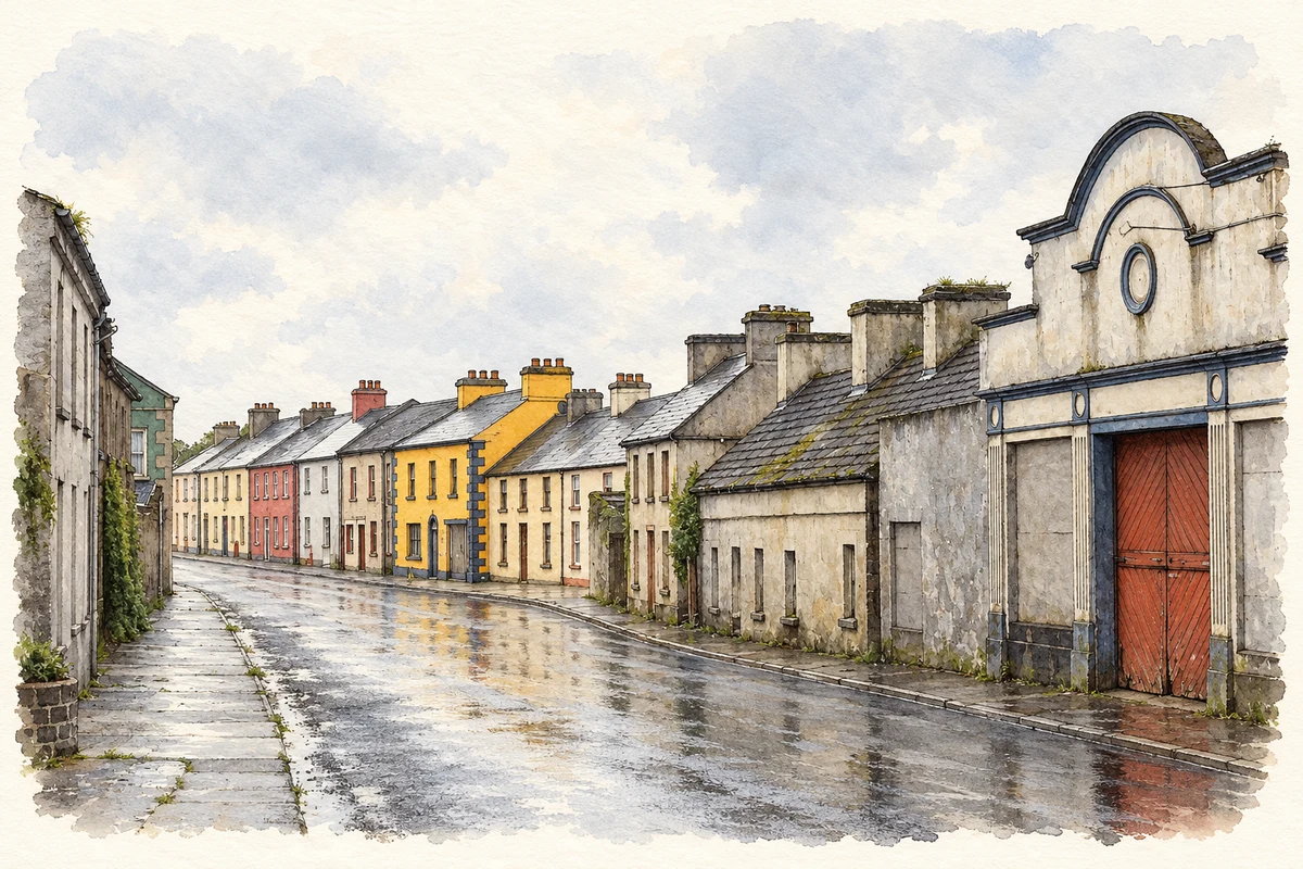 Watercolour and fine ink illustration of Village streetscape, Ahascragh.