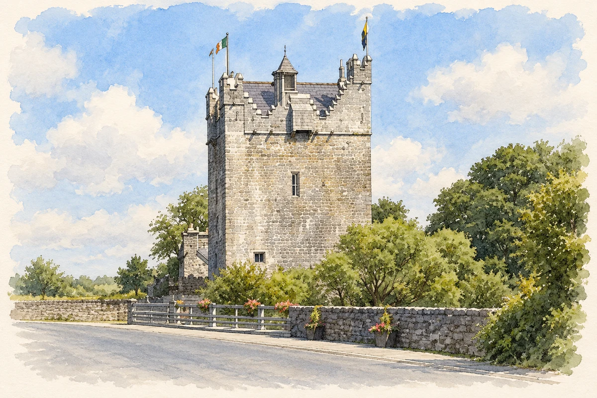 Watercolour and fine ink illustration of Restored Claregalway Castle.