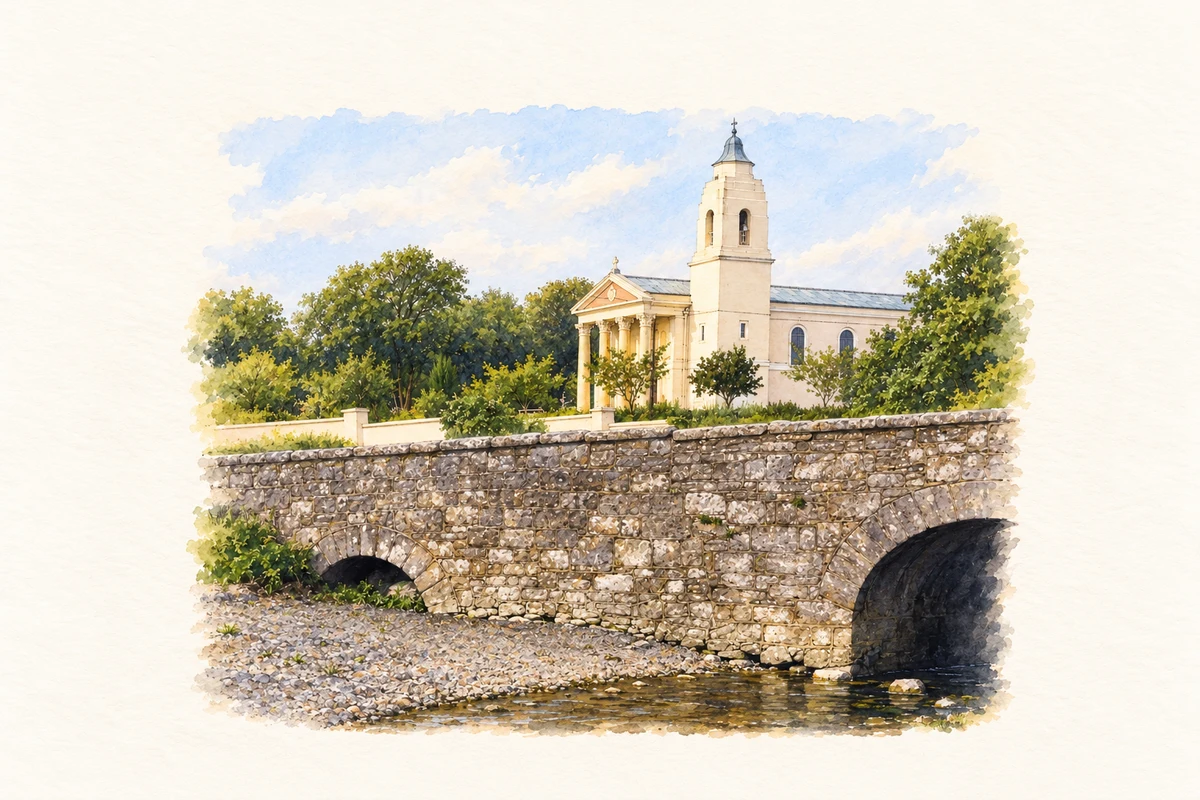Watercolour and fine ink illustration of Bridge and Church of the Annunciation, Clarinbridge.