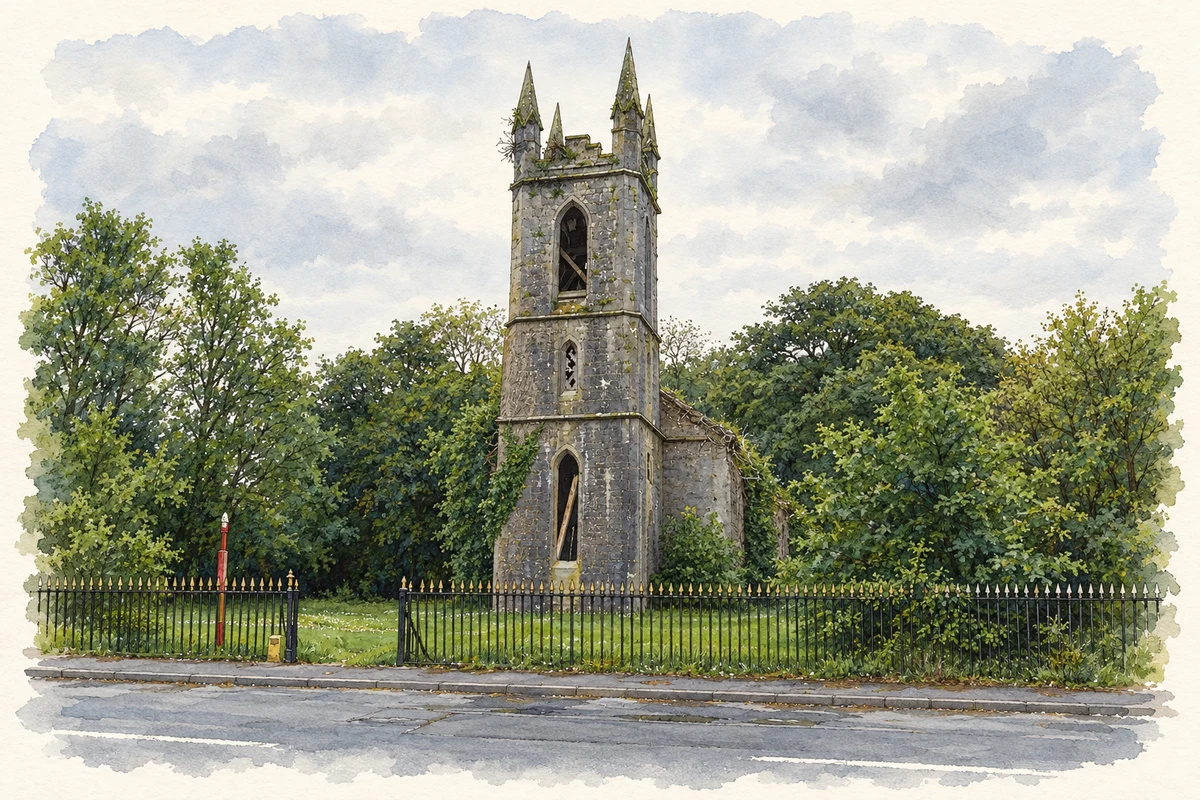 Watercolour and fine ink illustration of Former church tower, Main Street, Ballymoe.