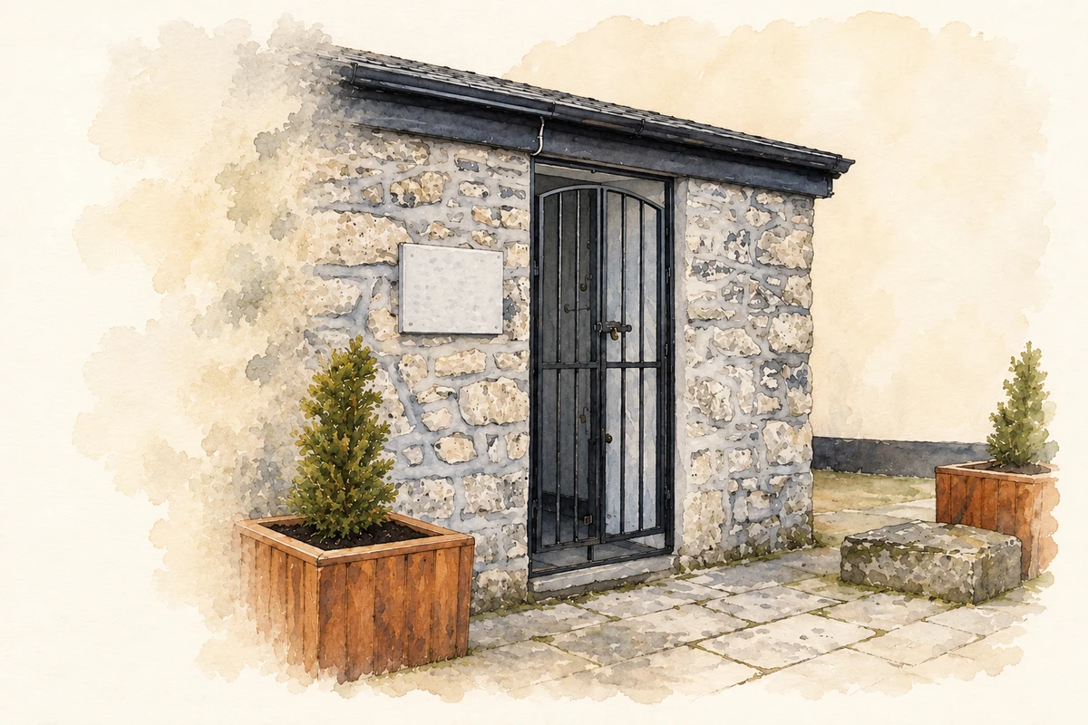 Watercolour and fine ink illustration of Market Weights Store, Glenamaddy, County Galway.