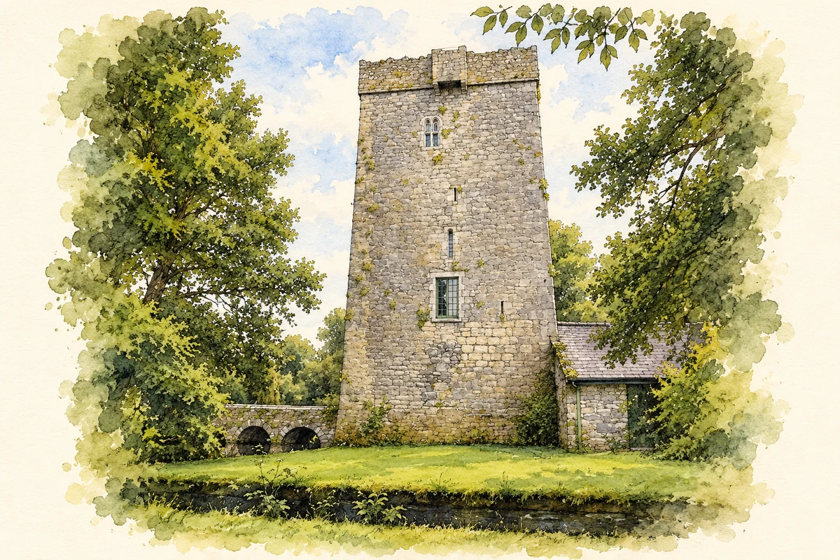 Watercolour and fine ink illustration of Thoor Ballylee, near Gort, County Galway.