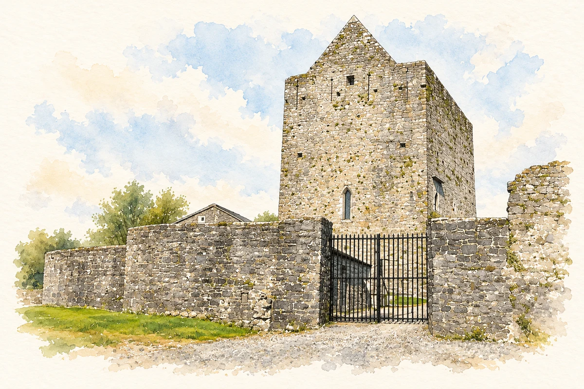 Watercolour and fine ink illustration of Restored Athenry Castle, County Galway in Athenry.