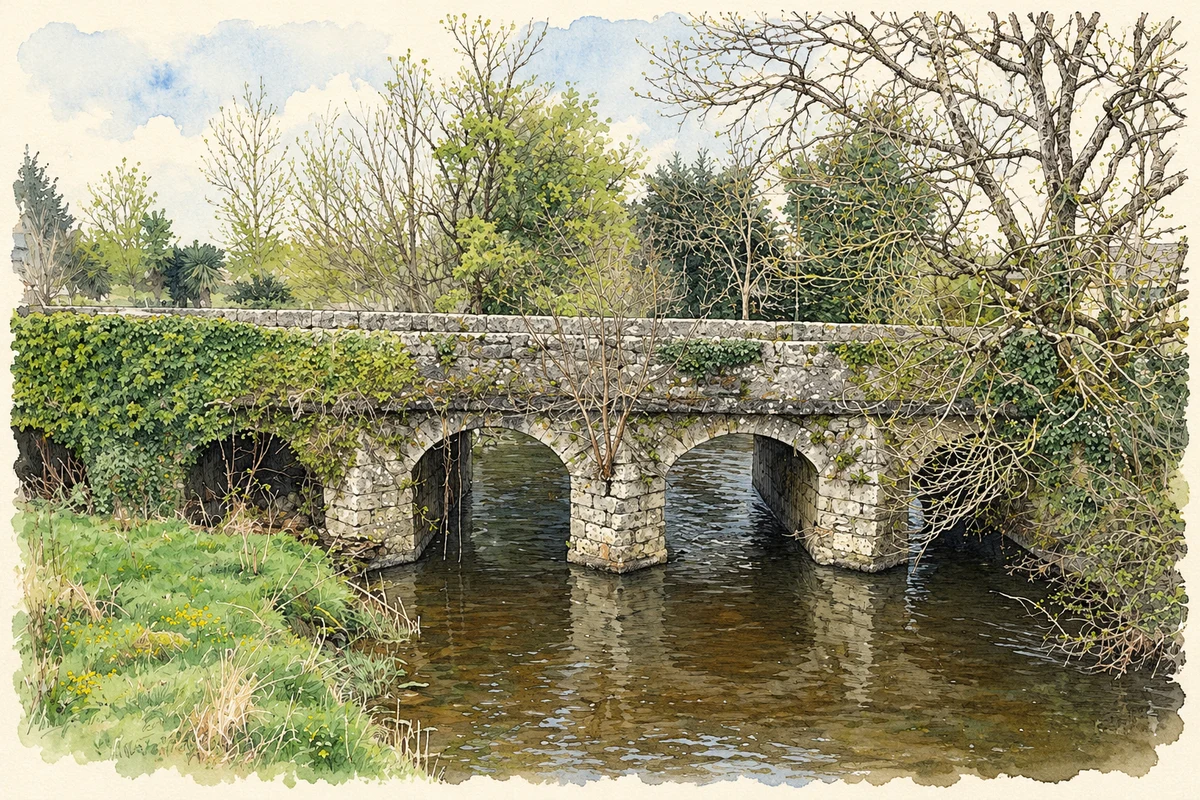 Watercolour and fine ink illustration of Craughwell Bridge.