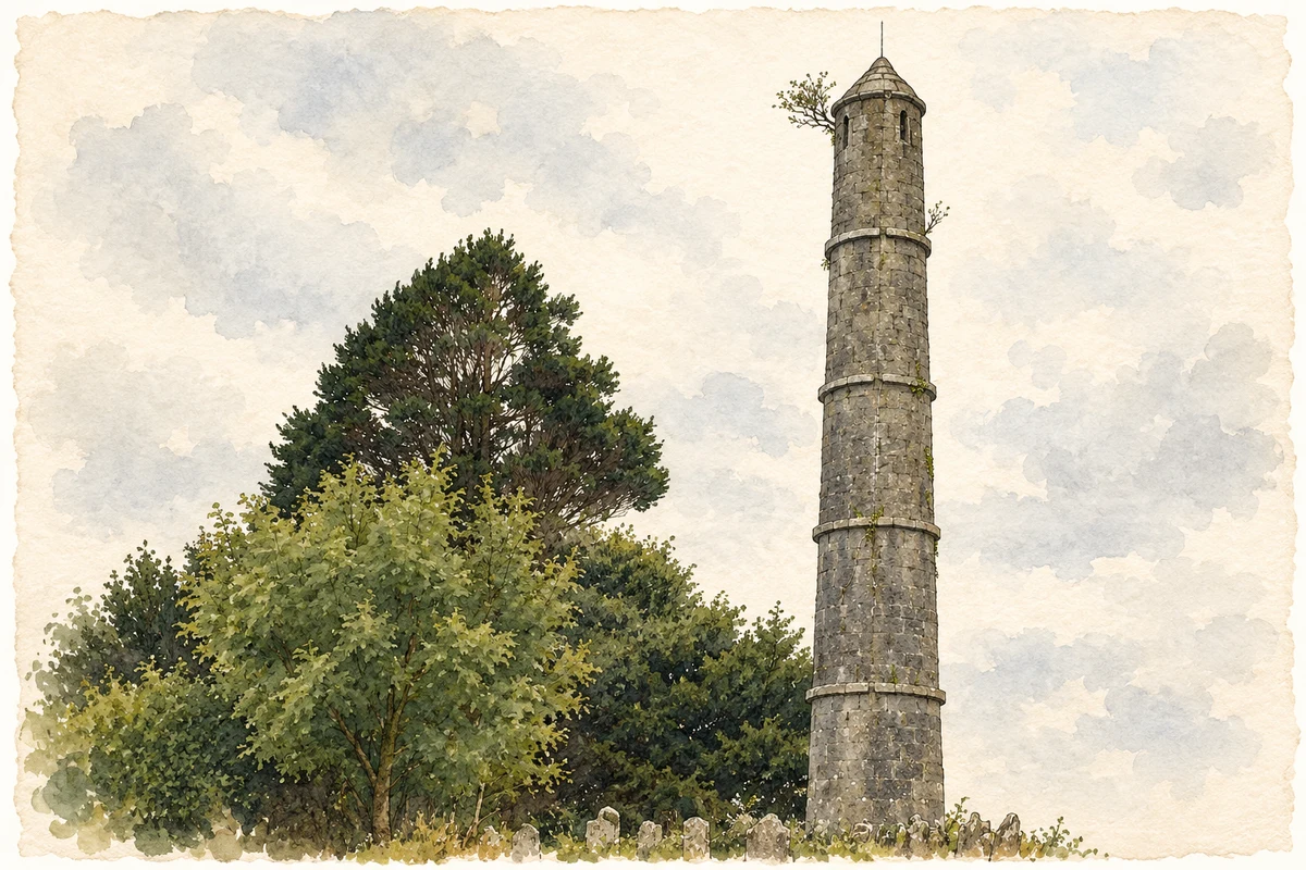 Watercolour and fine ink illustration of Kelly memorial round tower, Killeroran, near Ballygar.