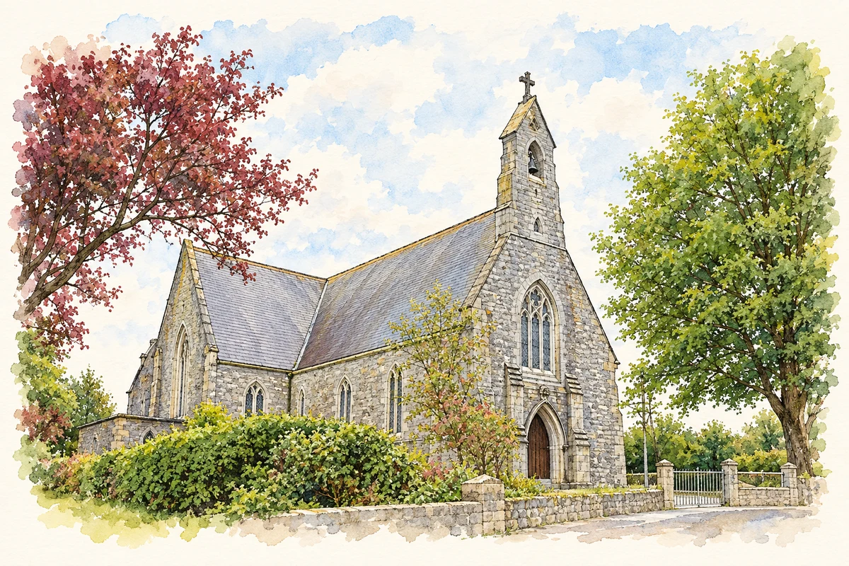 Watercolour and fine ink illustration of Saint Mary's Catholic Church, Headford.