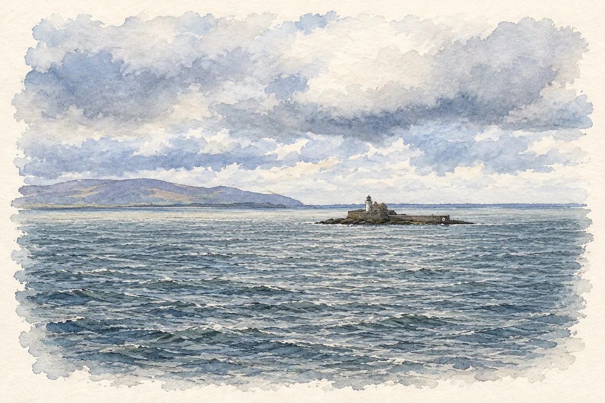 Watercolour and fine ink illustration of Little Samphire Island lighthouse off Fenit.