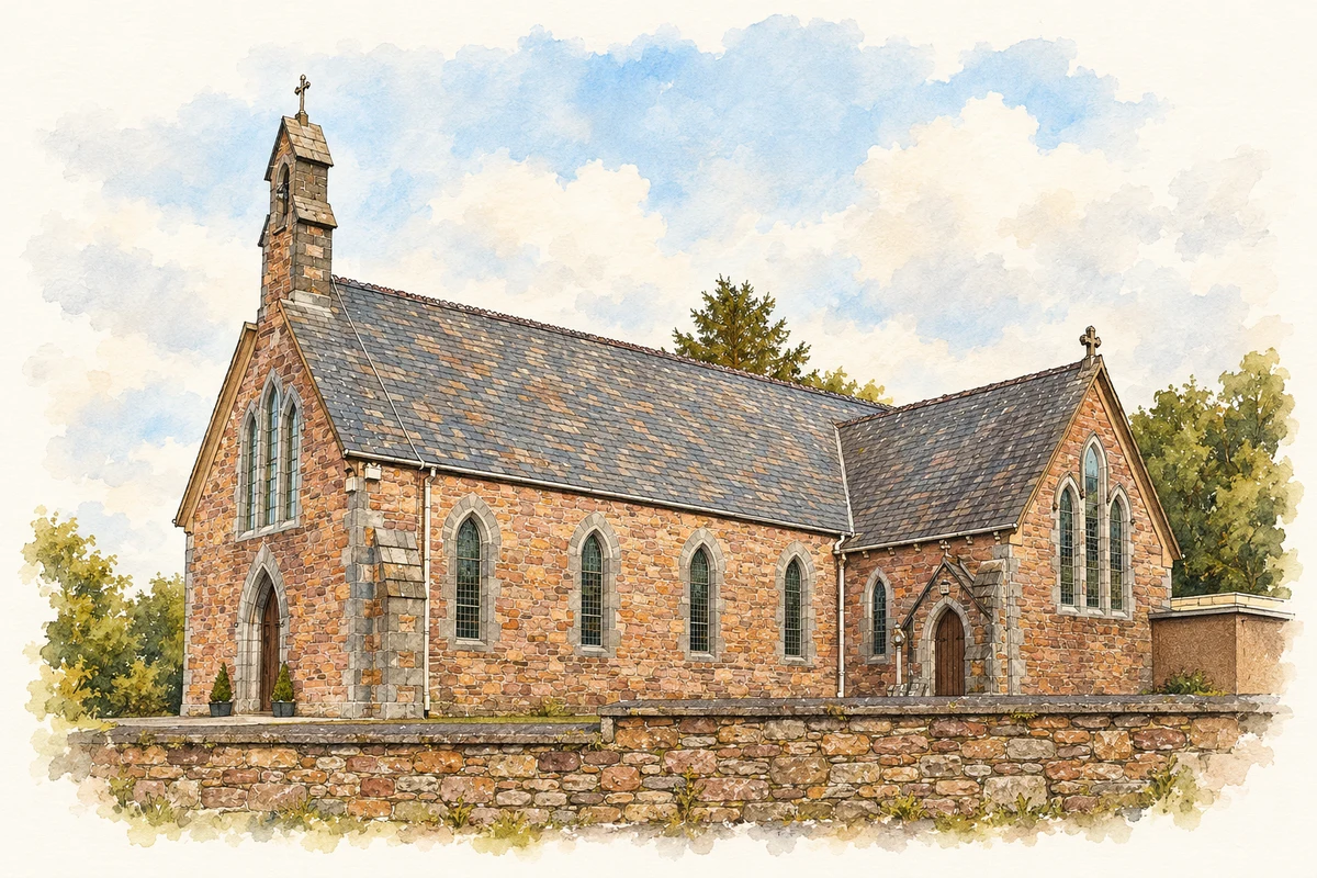 Watercolour and fine ink illustration of St James's Catholic Church, Glenbeigh.