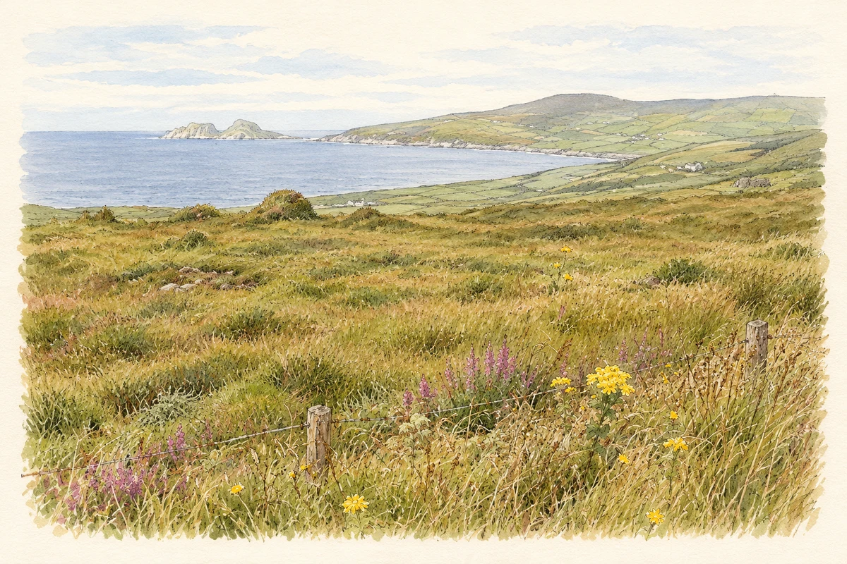 Watercolour and fine ink illustration of Distant Puffin Island from the Ring of Kerry, County Kerry, as photographed in August 2024.