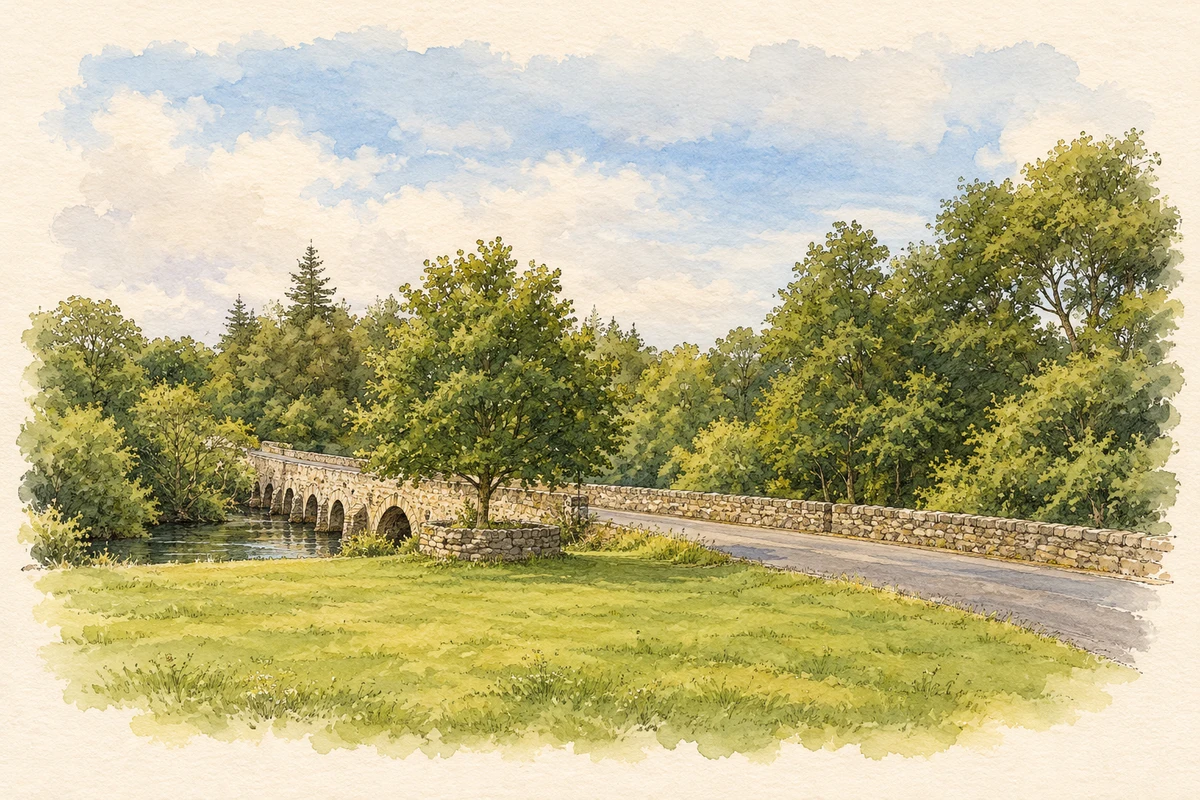 Watercolour and fine ink illustration of Beaufort Bridge over the River Laune.