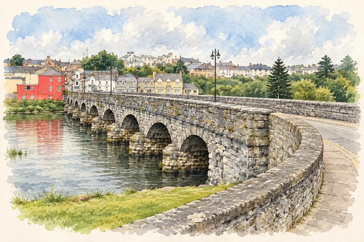 Watercolour and fine ink illustration of Laune Bridge, Killorglin.