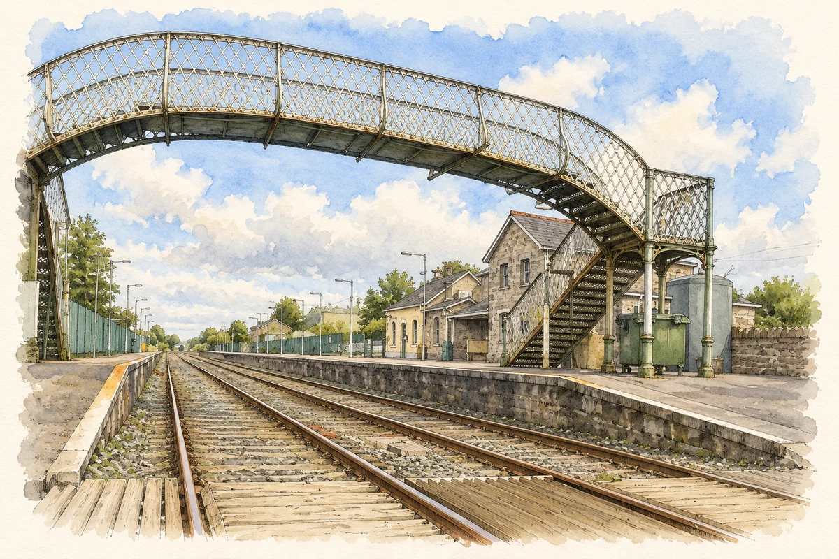 Watercolour and fine ink illustration of Rathmore railway station and iron footbridge.