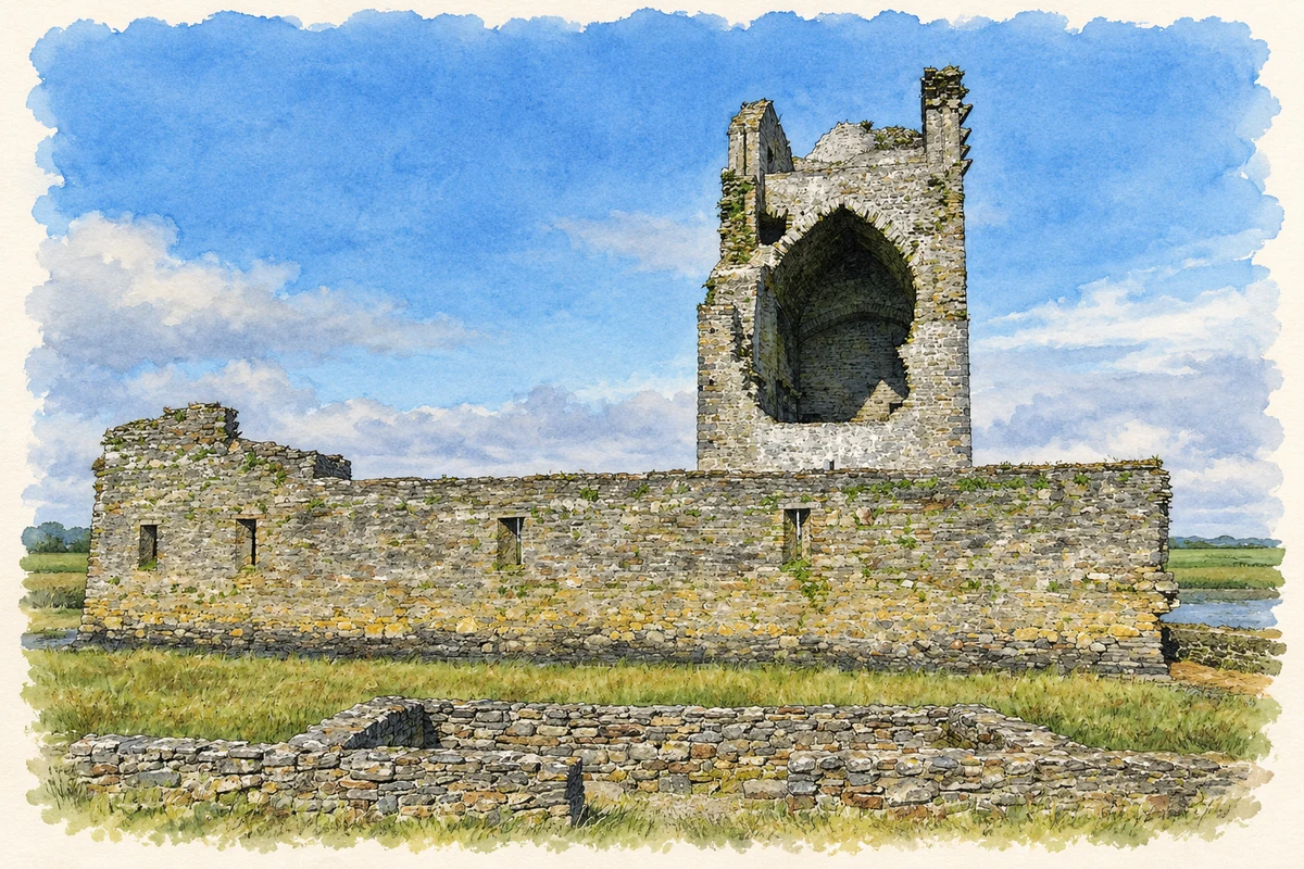 Watercolour and fine ink illustration of Carrigafoyle Castle, near Ballylongford.