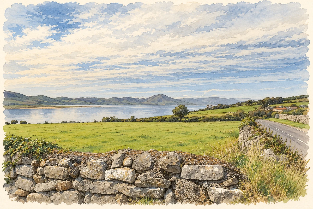 Watercolour and fine ink illustration of Tralee Bay viewed near Spa, County Kerry.