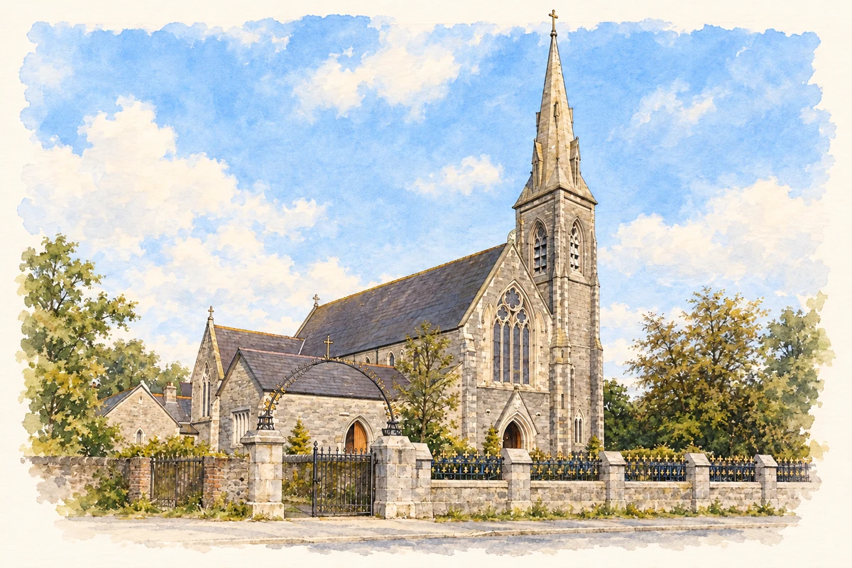 Watercolour and fine ink illustration of St Stephen and St John's Church, Castleisland.