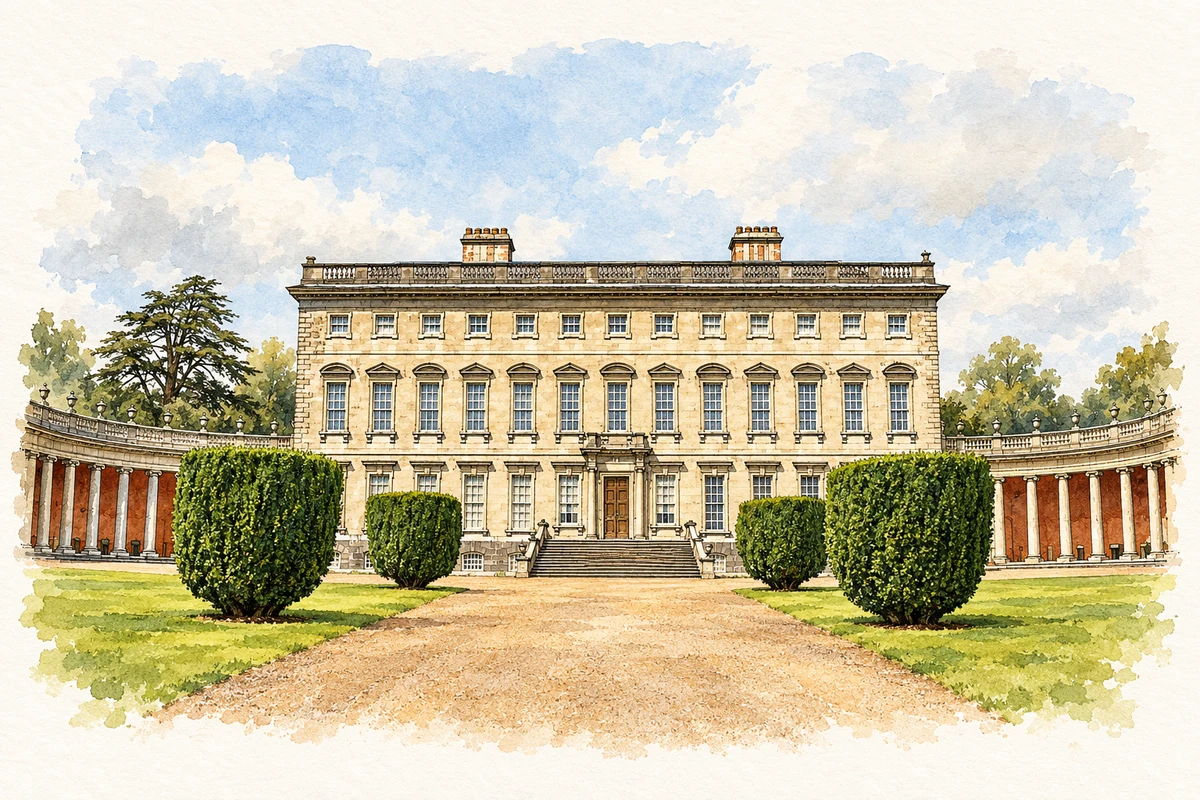 Watercolour and fine ink illustration of Castletown House in Celbridge, showing its complete visible architectural silhouette.