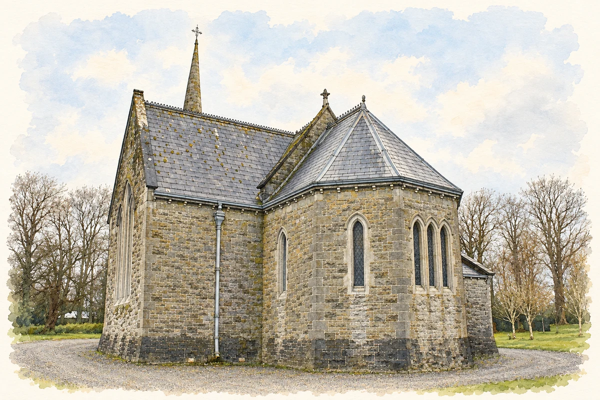 Watercolour and fine ink illustration of Straffan Church of Ireland.