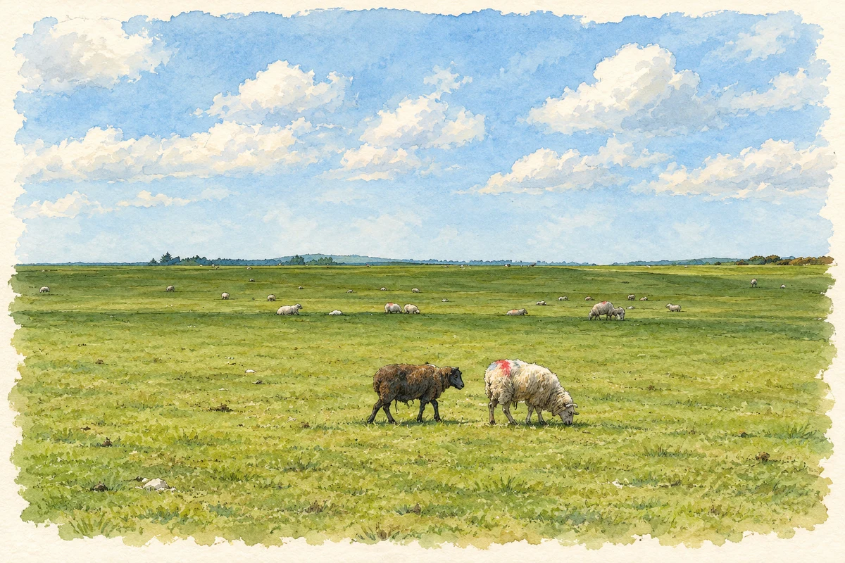 Watercolour and fine ink illustration of Sheep grazing on the Curragh plains, north of Suncroft.