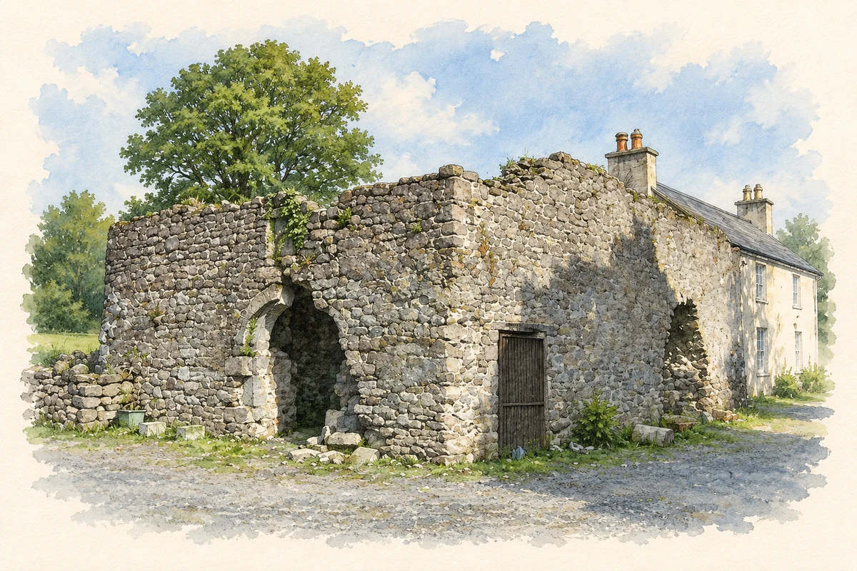 Watercolour and fine ink illustration of Surviving corner tower of Blackwood Castle near Coill Dubh.