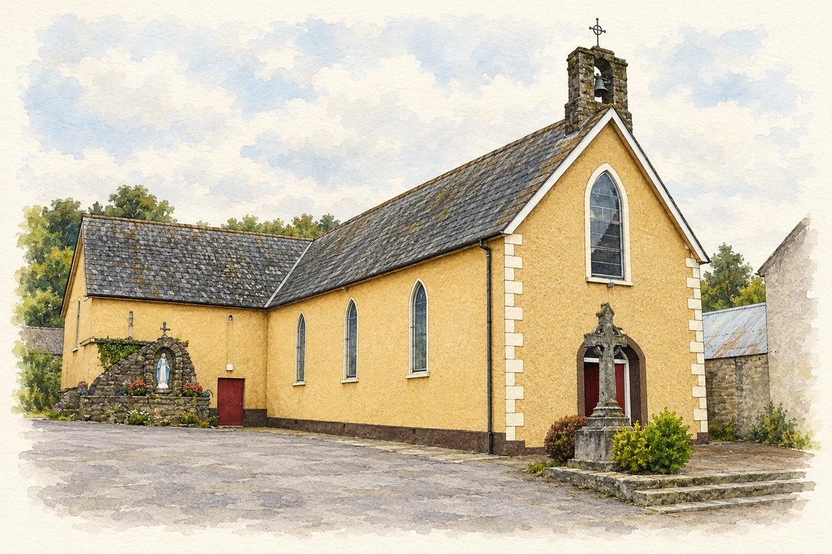 Watercolour and fine ink illustration of St Eoghan Catholic Church, Kilmaganny.