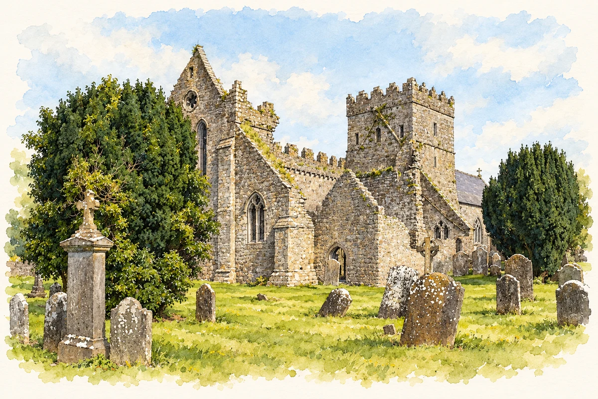 Watercolour and fine ink illustration of St Mary's Collegiate Church, Gowran.