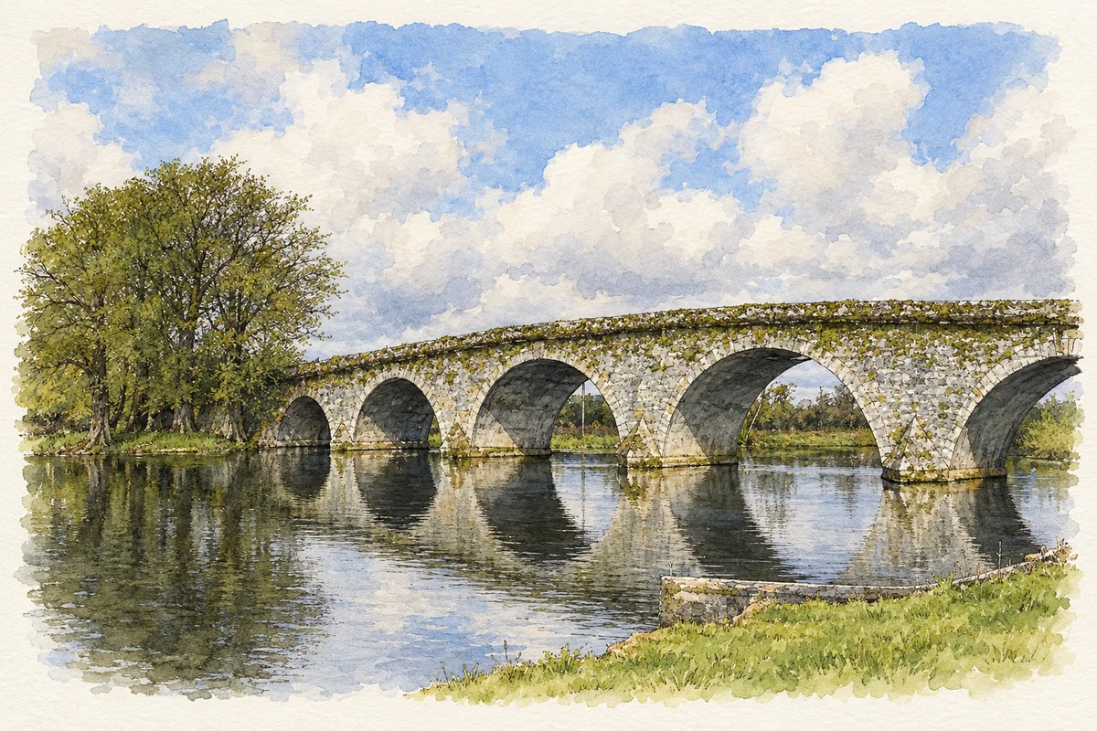 Watercolour and fine ink illustration of Bennettsbridge Bridge over the River Nore.