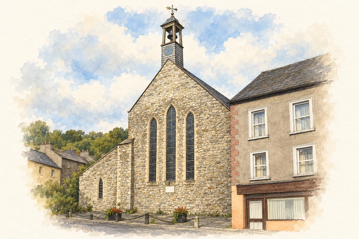Watercolour and fine ink illustration of West front of Duiske Abbey, Graiguenamanagh, County Kilkenny.
