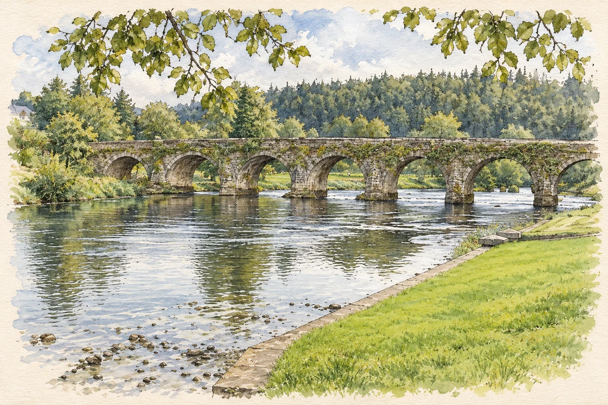 Watercolour and fine ink illustration of Inistioge Bridge over the River Nore.