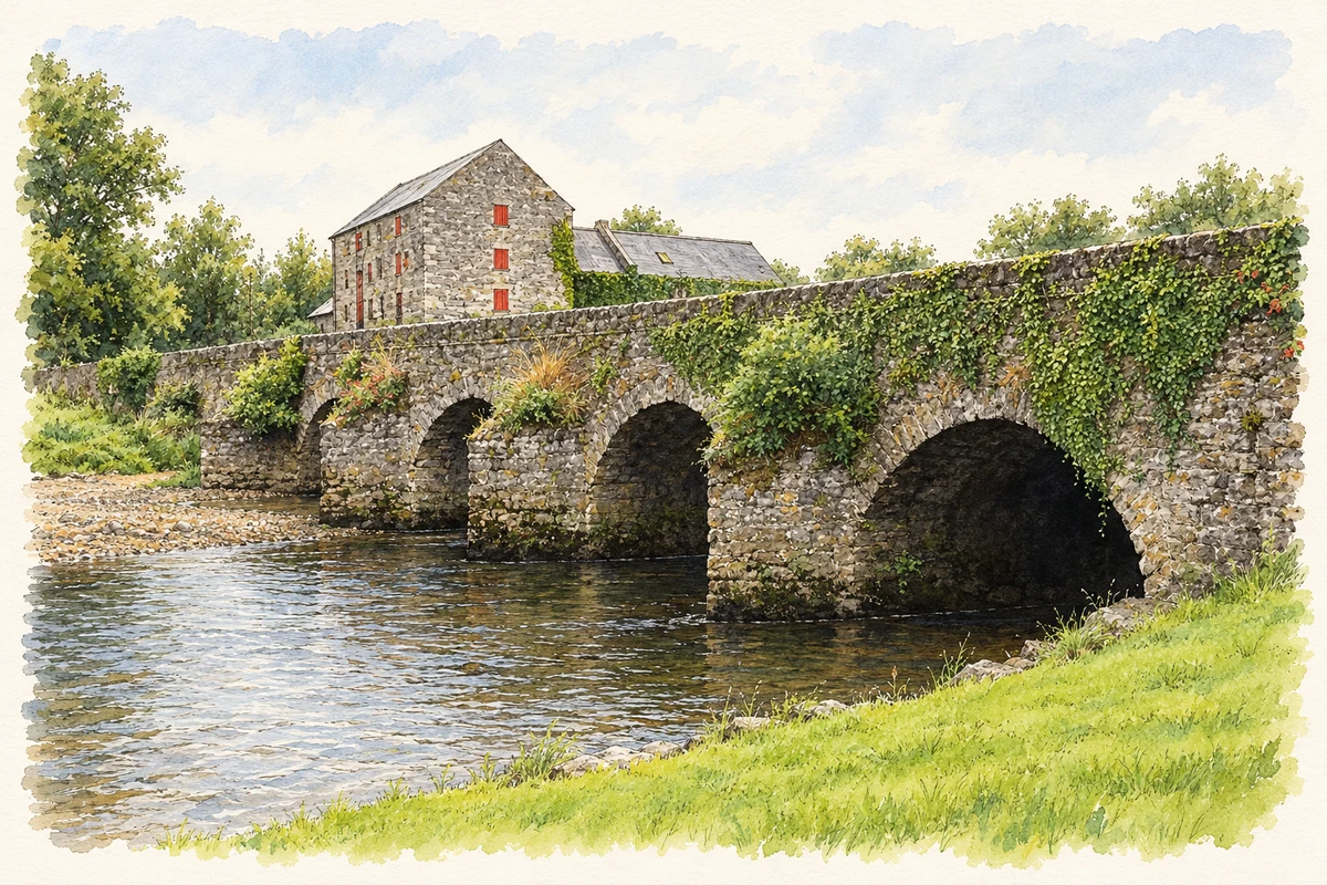 Watercolour and fine ink illustration of Castletown Bridge over the River Nore.