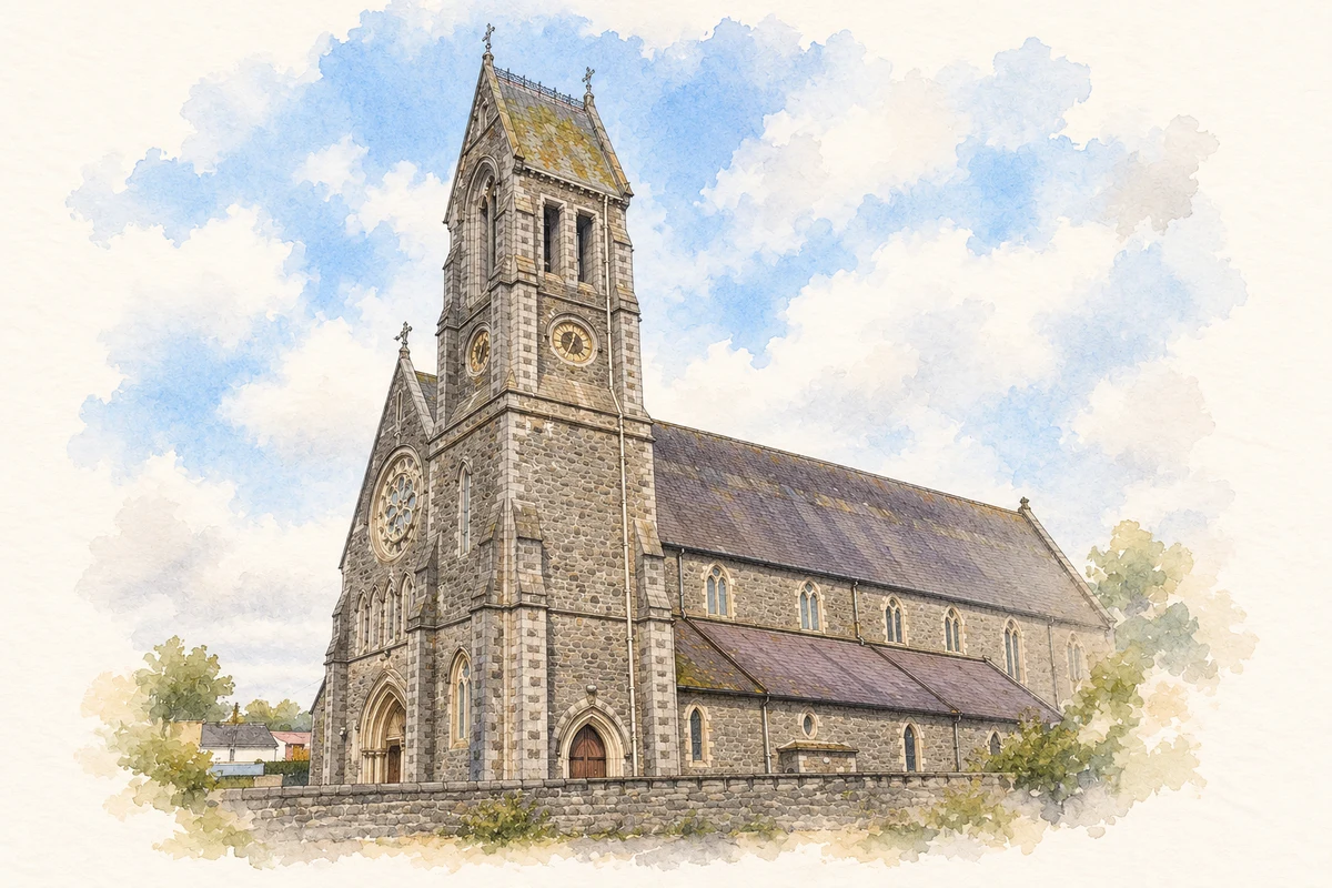 Watercolour and fine ink illustration of Saint Joseph's Church, Mountmellick, County Laois in Mountmellick.