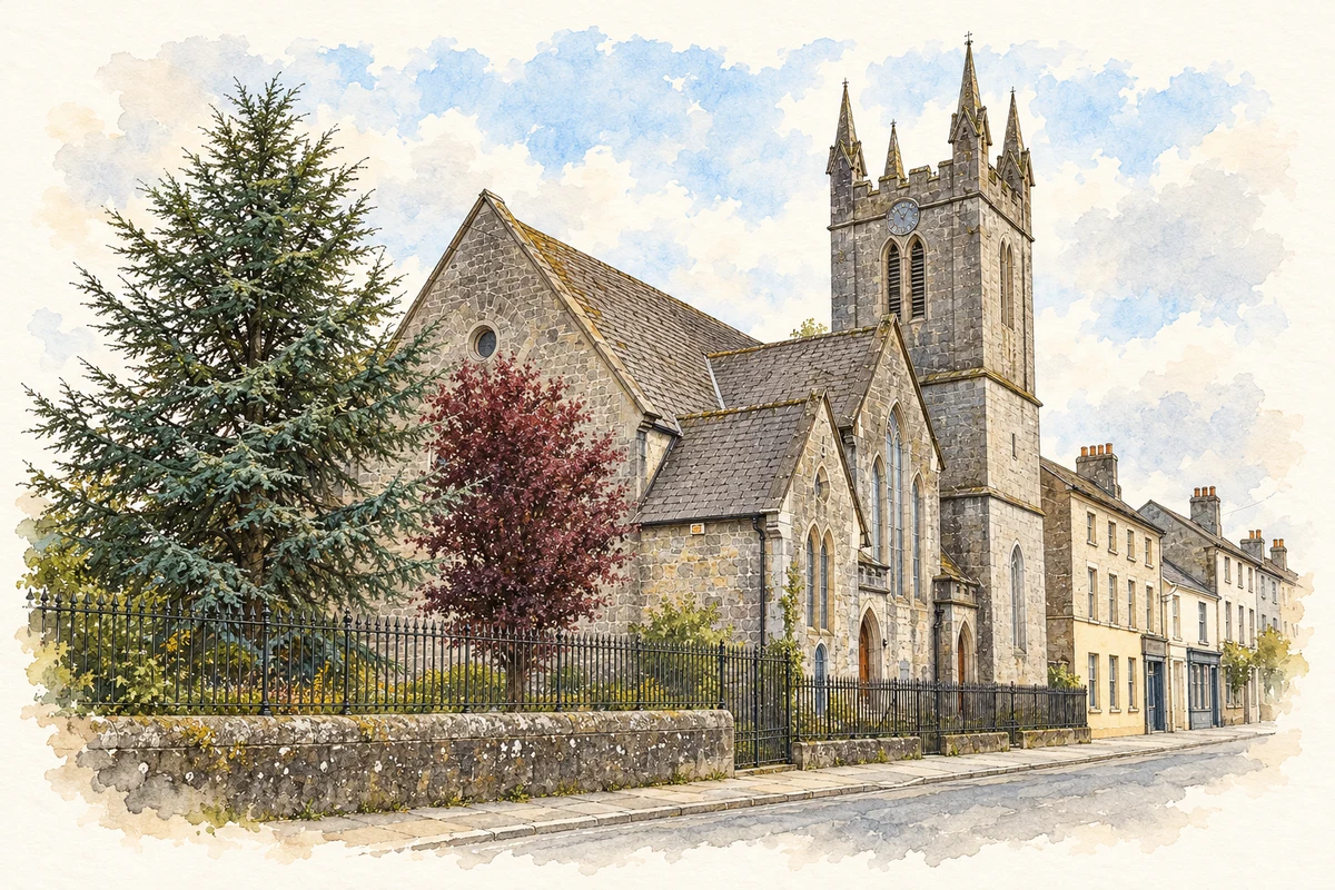 Watercolour and fine ink illustration of Saint Paul's French Church, Portarlington, County Laois in Portarlington.
