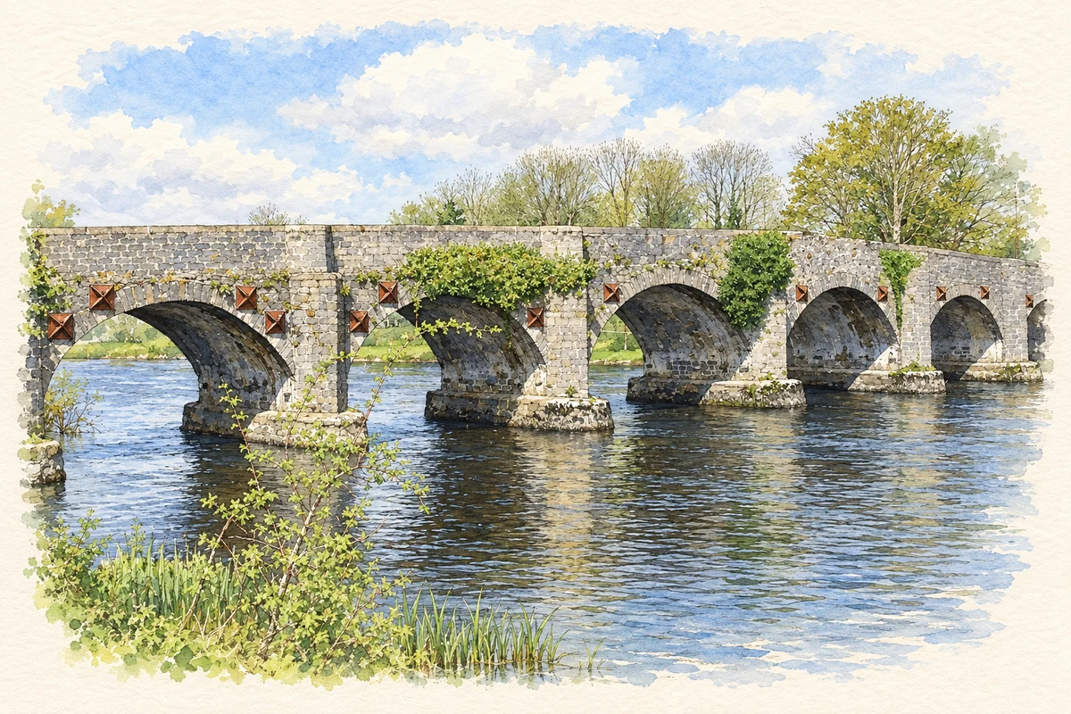Watercolour and fine ink illustration of Drumsna Bridge over the River Shannon.