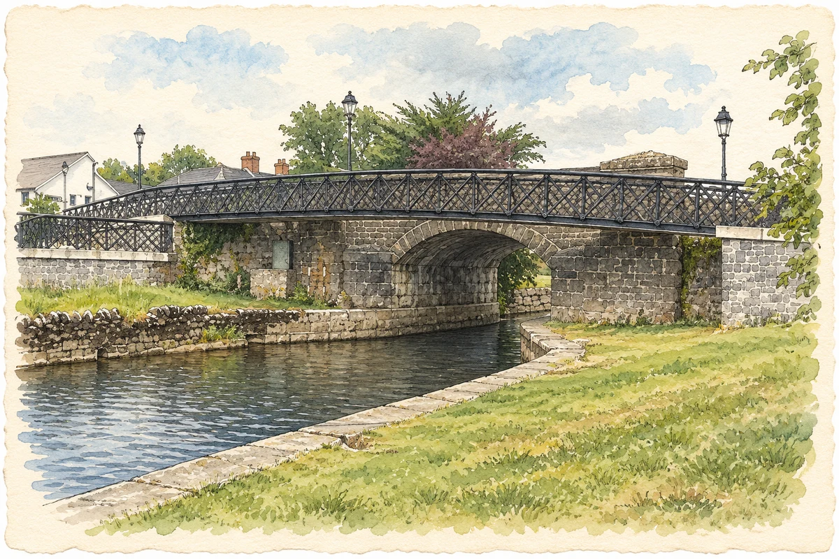 Watercolour and fine ink illustration of Bridge No 1 on the Shannon-Erne Waterway, Leitrim village.
