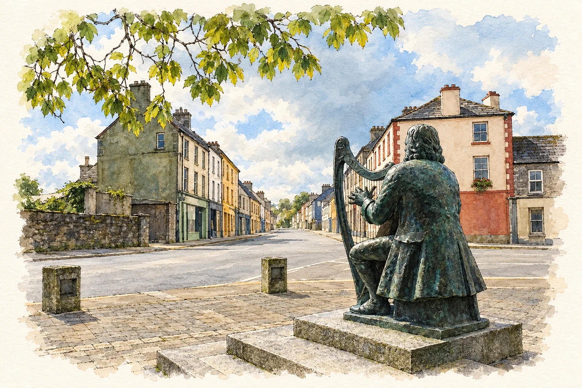 Watercolour and fine ink illustration of Turlough O'Carolan statue, Mohill, 2007.