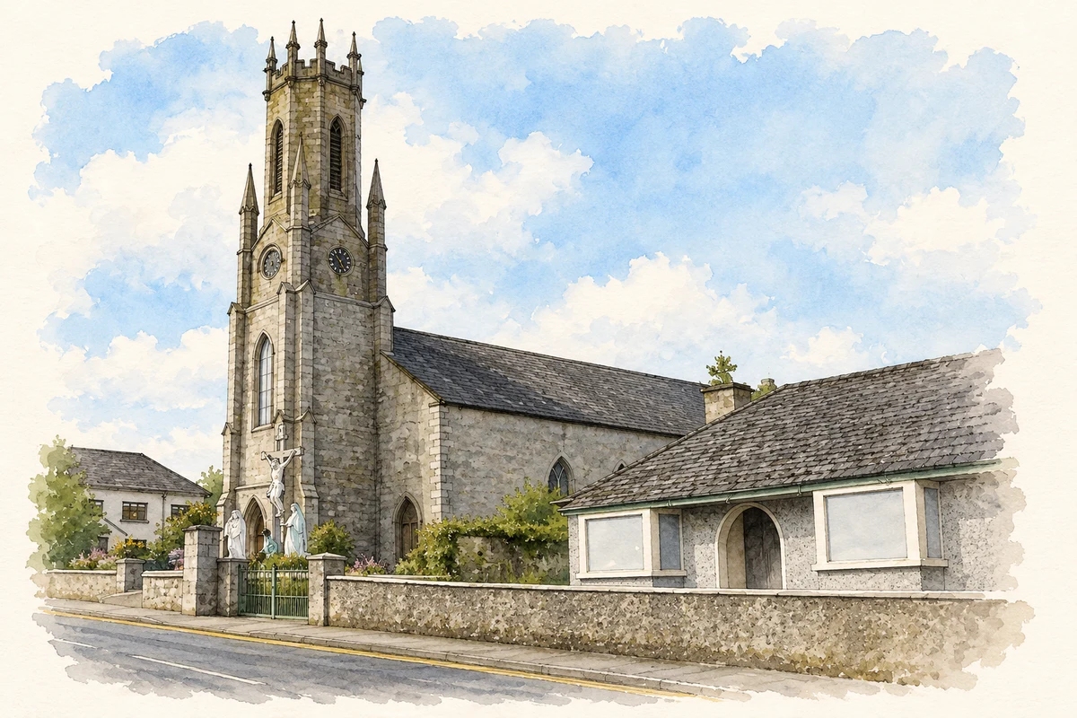 Watercolour and fine ink illustration of Saint Brigid's Church, Hacketstown.