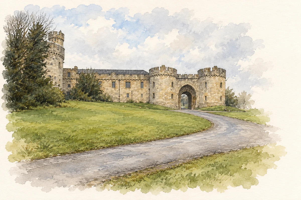 Watercolour and fine ink illustration of Glenstal Abbey entrance, near Murroe, County Limerick.