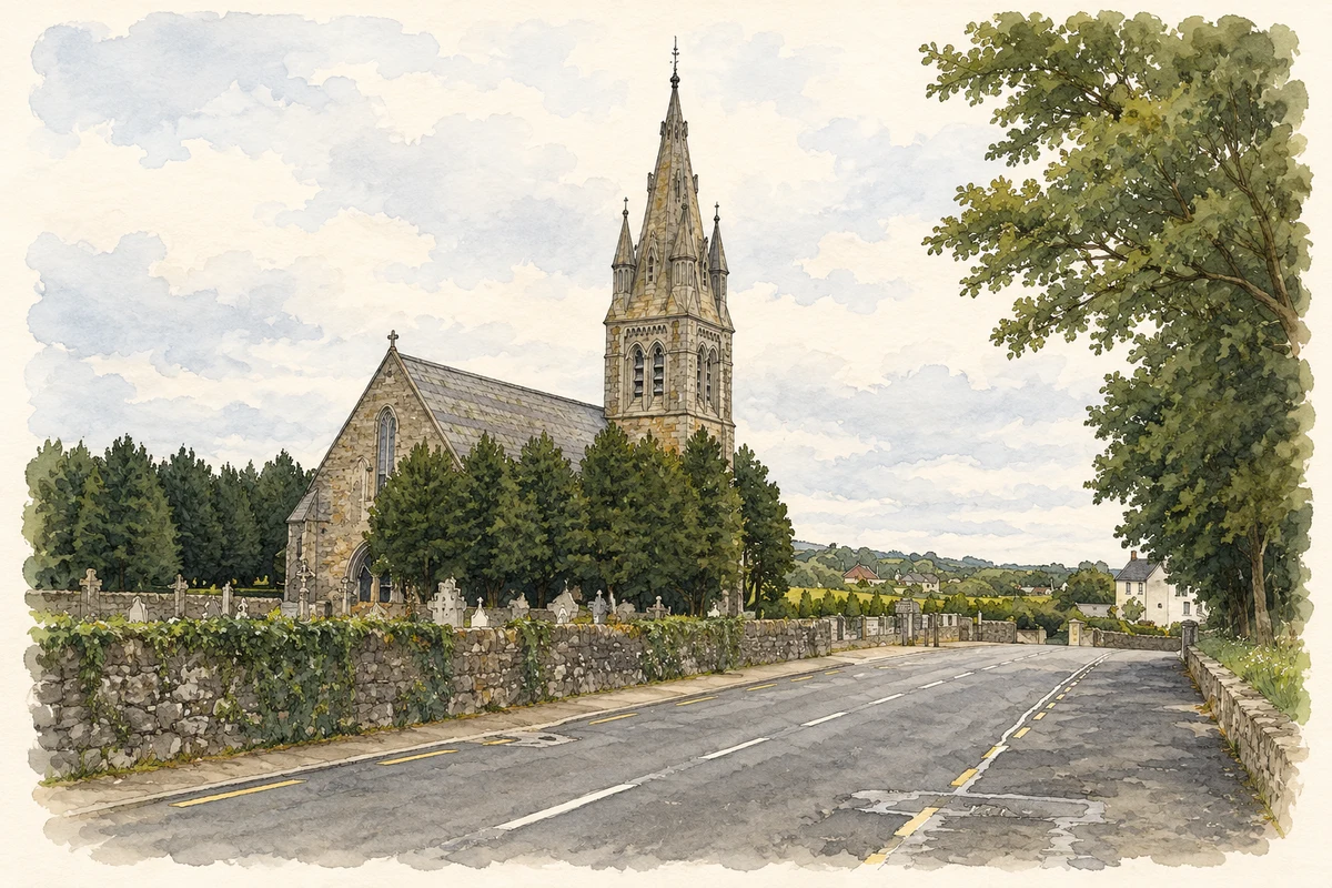 Watercolour and fine ink illustration of Our Lady of the Immaculate Conception Church, Ballingarry.