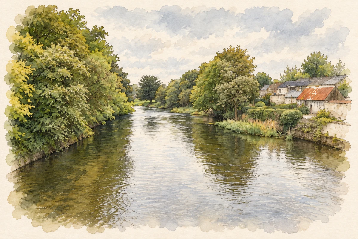 Watercolour and fine ink illustration of River Maigue at Croom.