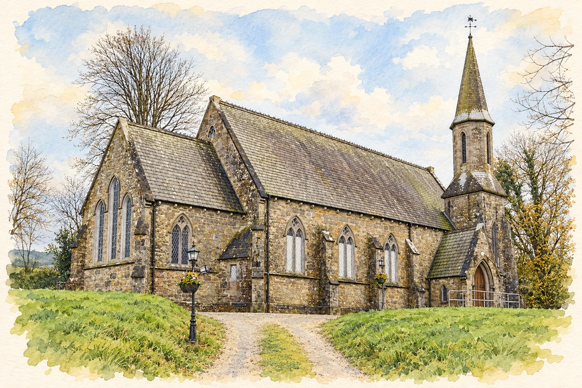 Watercolour and fine ink illustration of Former Saint Andrew's Church of Ireland, Kilfinane.