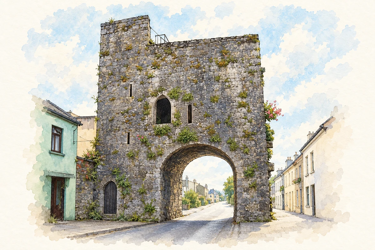 Watercolour and fine ink illustration of Blossom Gate, Kilmallock.