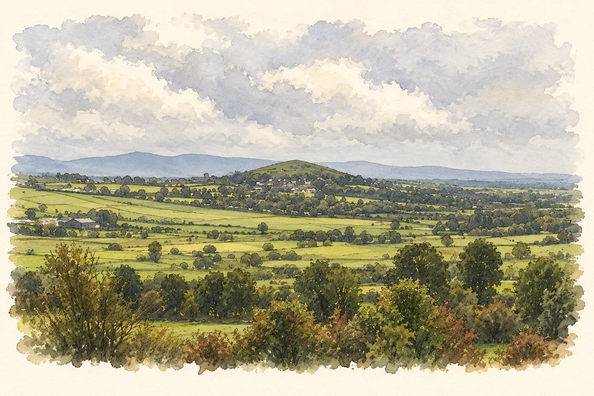 Watercolour and fine ink illustration of Kilteely Hill and surrounding countryside, County Limerick.