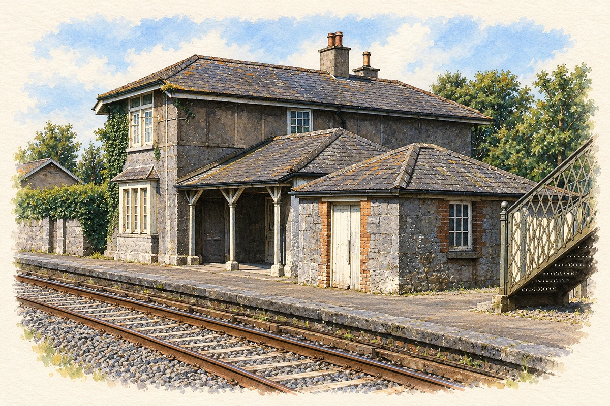 Watercolour and fine ink illustration of Knocklong railway station.