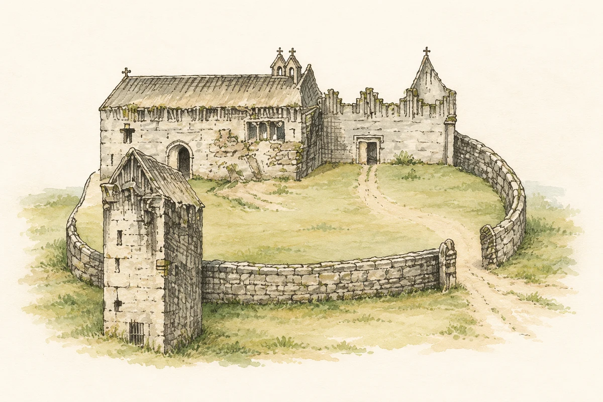 Watercolour and fine ink illustration of Caherconlish church and castle in 1681, after Thomas Dineley.