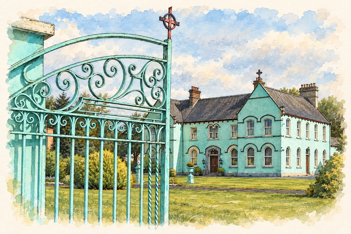 Watercolour and fine ink illustration of Former Convent of Mercy, Cappamore, viewed through its entrance gate.