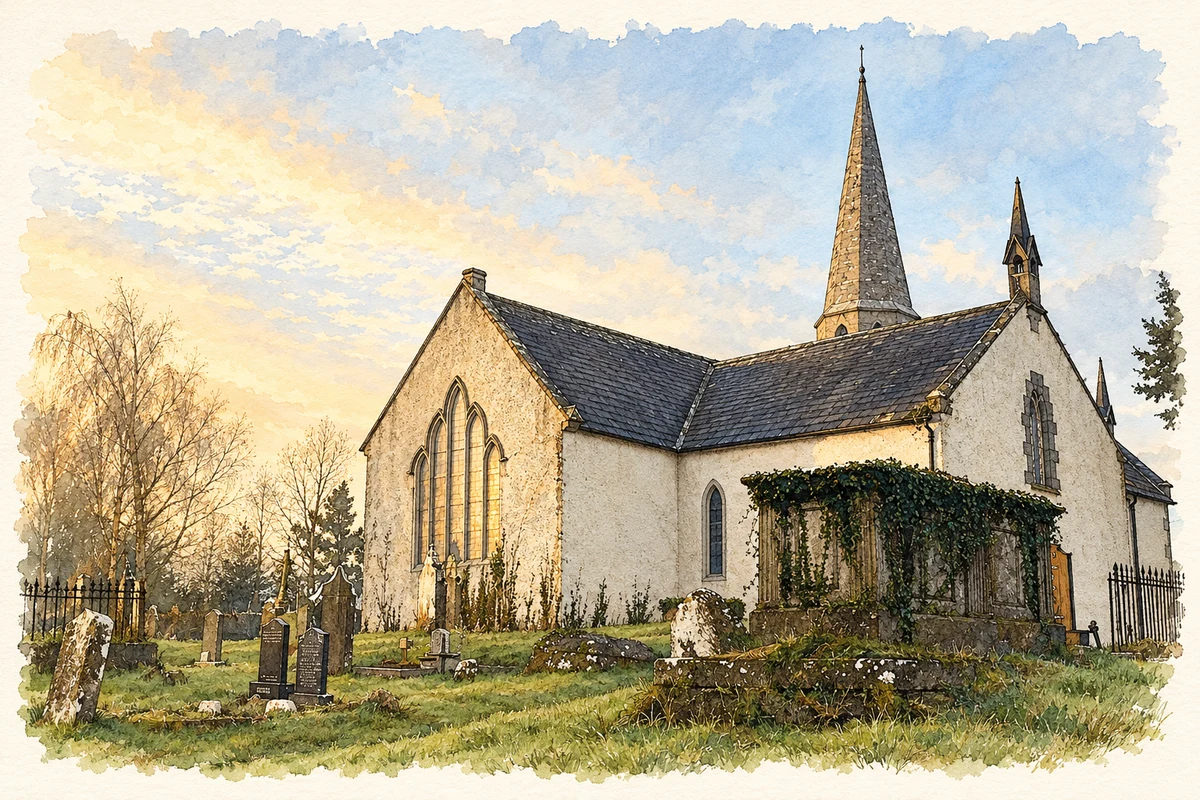 Watercolour and fine ink illustration of All Saints' Church, Castleconnell, County Limerick.