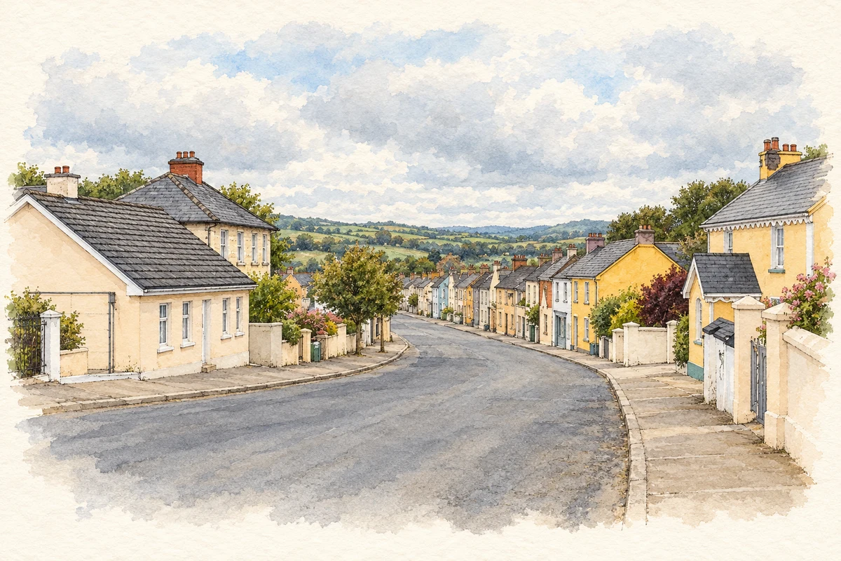 Watercolour and fine ink illustration of Ballylanders Main Street in Ballylanders.