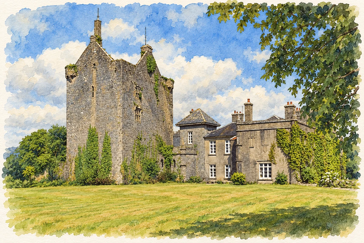 Watercolour and fine ink illustration of Springfield Castle near Broadford, County Limerick.