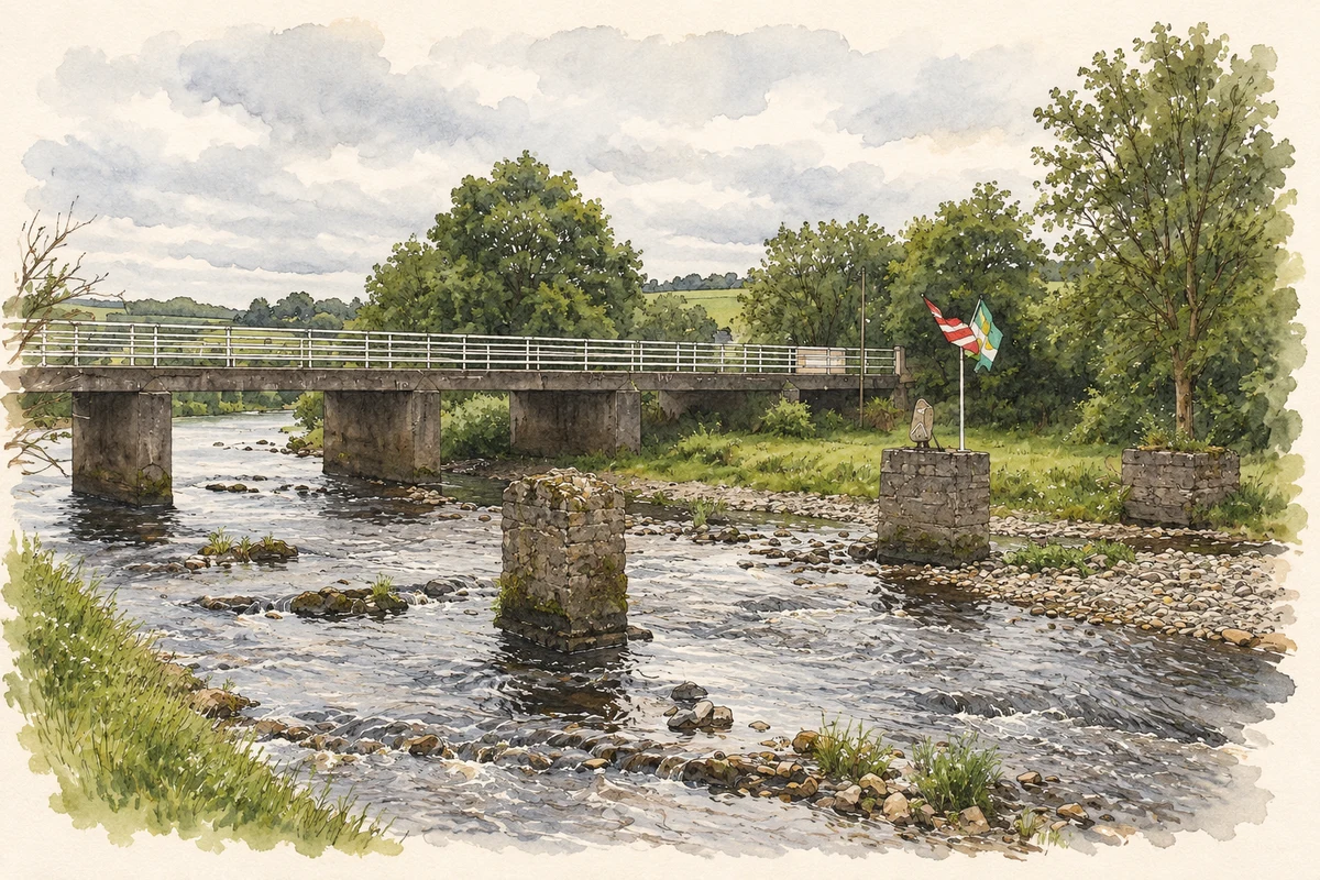 Watercolour and fine ink illustration of River Feale at the Three Counties meeting point, near Mountcollins.